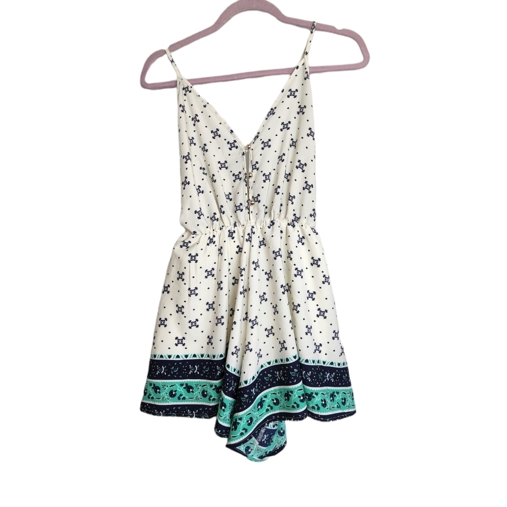 Trac Dressy V- Neck Cream Blue Gold Button Detail Women's Romper Size S NWOT
